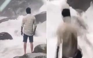 kartanata-man-posing-for-camera-accidently-slips-into-waterfall-in-udupi-watch-video
